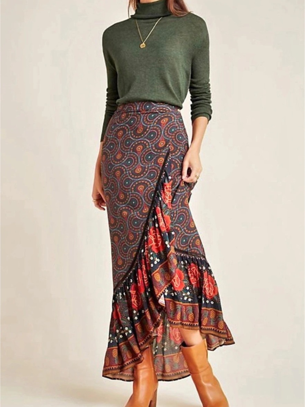 Farm Rio Ruffled Wrap Maxi Skirt Black & Orange